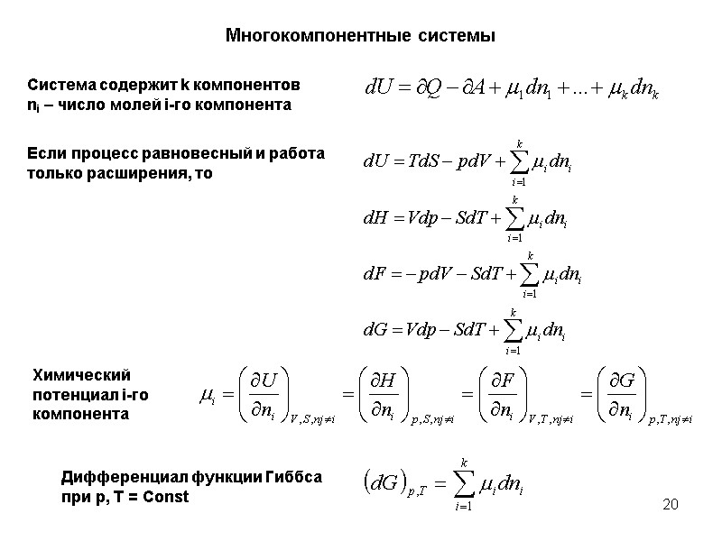 20 Многокомпонентные системы Система содержит k компонентов ni – число молей i-го компонента Если